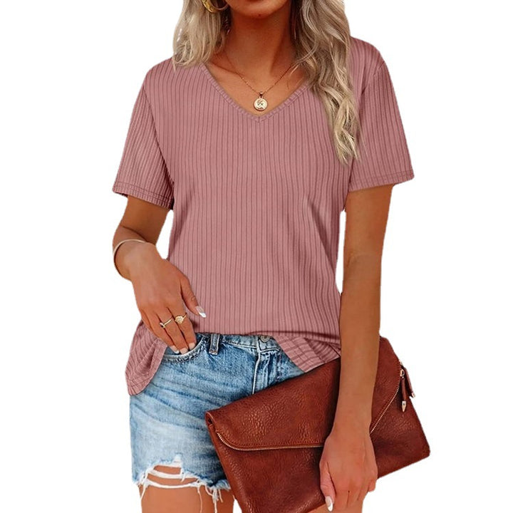 Damen Viskose T-Shirt mit feinem Rippstrickmuster und lässigem V-Ausschnitt Drune