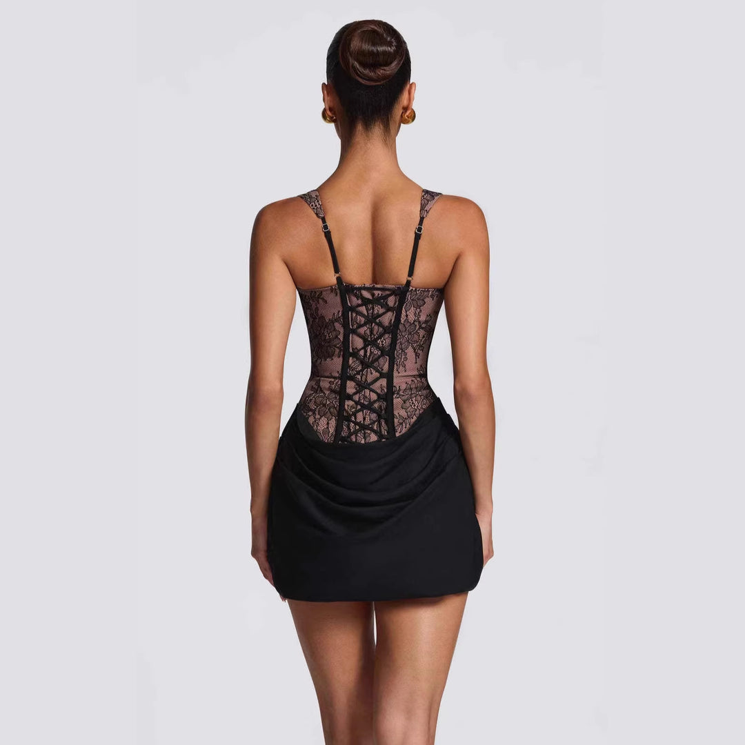 Damen Korsett-Kleid mit luxuriösen Spitzenakzenten und drapiertem Rock Drune
