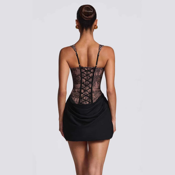 Damen Korsett-Kleid mit luxuriösen Spitzenakzenten und drapiertem Rock Drune