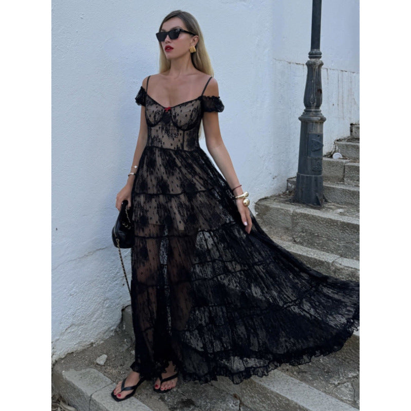 Damen Elegantes Spitzenkleid mit asymmetrischem Saum und verspielten Rüschendetails Drune