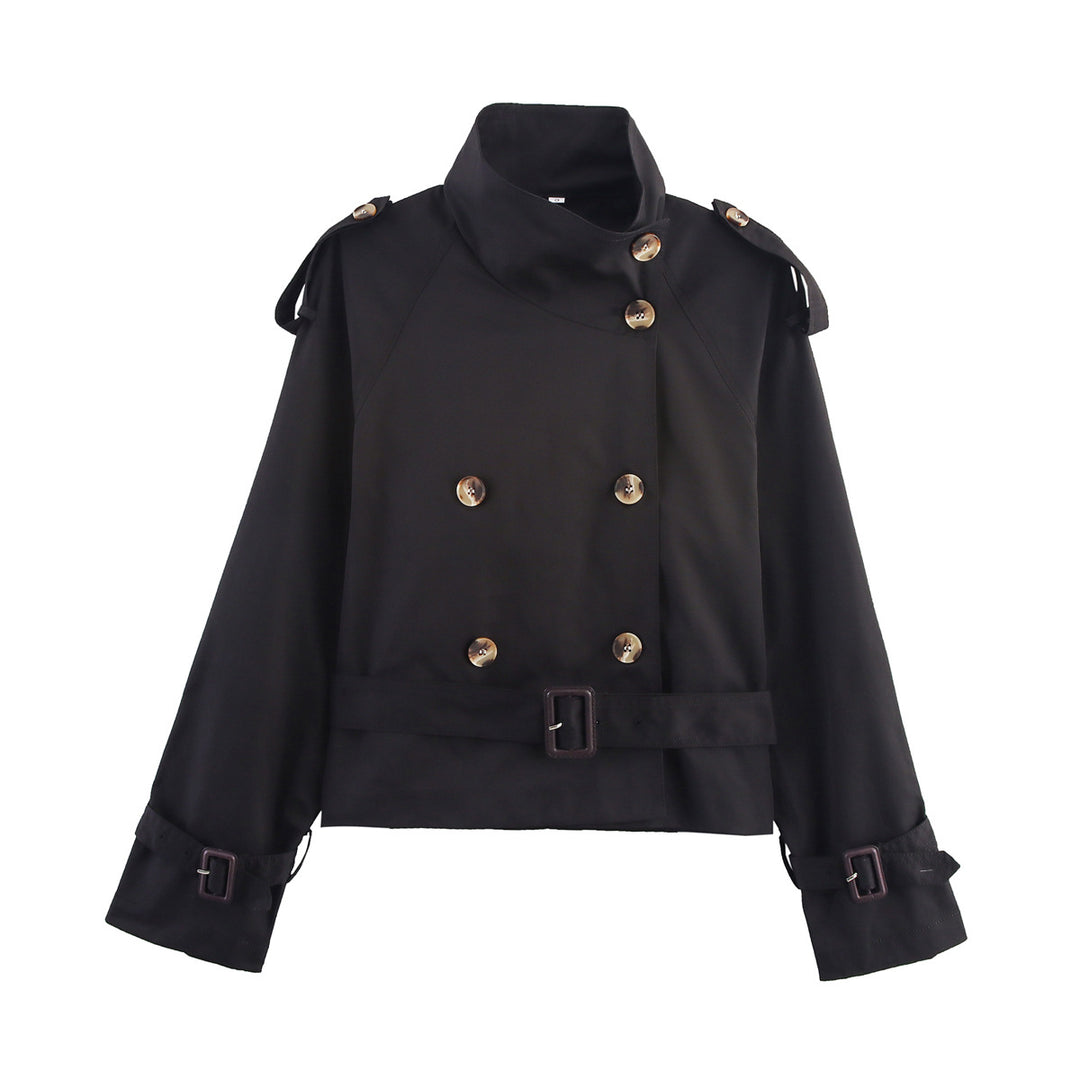 Damen modischer Trenchcoat mit hoch geschlossenem Kragen und praktischen Schulterriegeln Drune