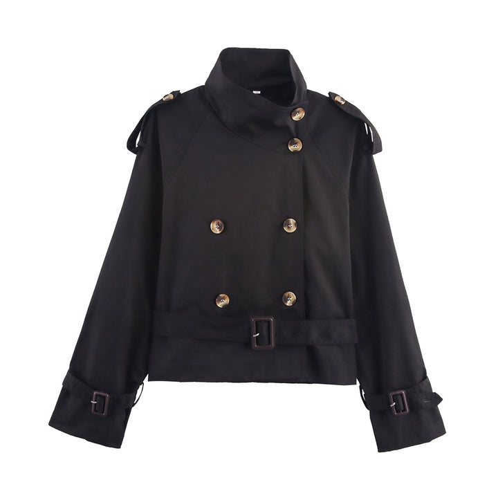Damen modischer Trenchcoat mit hoch geschlossenem Kragen und praktischen Schulterriegeln Drune