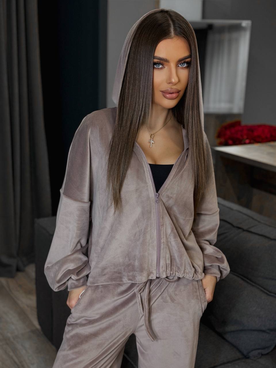 Damen Fleece-Cropped-Loungewear-Set mit weiten Hosen Drune