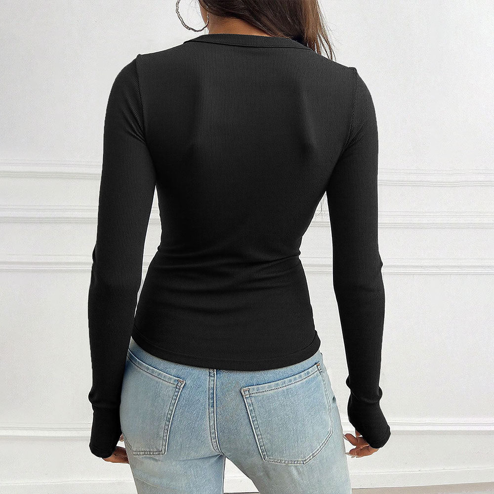 Damen Langarmshirt mit modischem V-Ausschnitt und knöpfbarem Design Drune