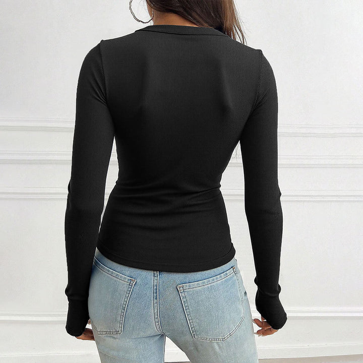 Damen Langarmshirt mit modischem V-Ausschnitt und knöpfbarem Design Drune
