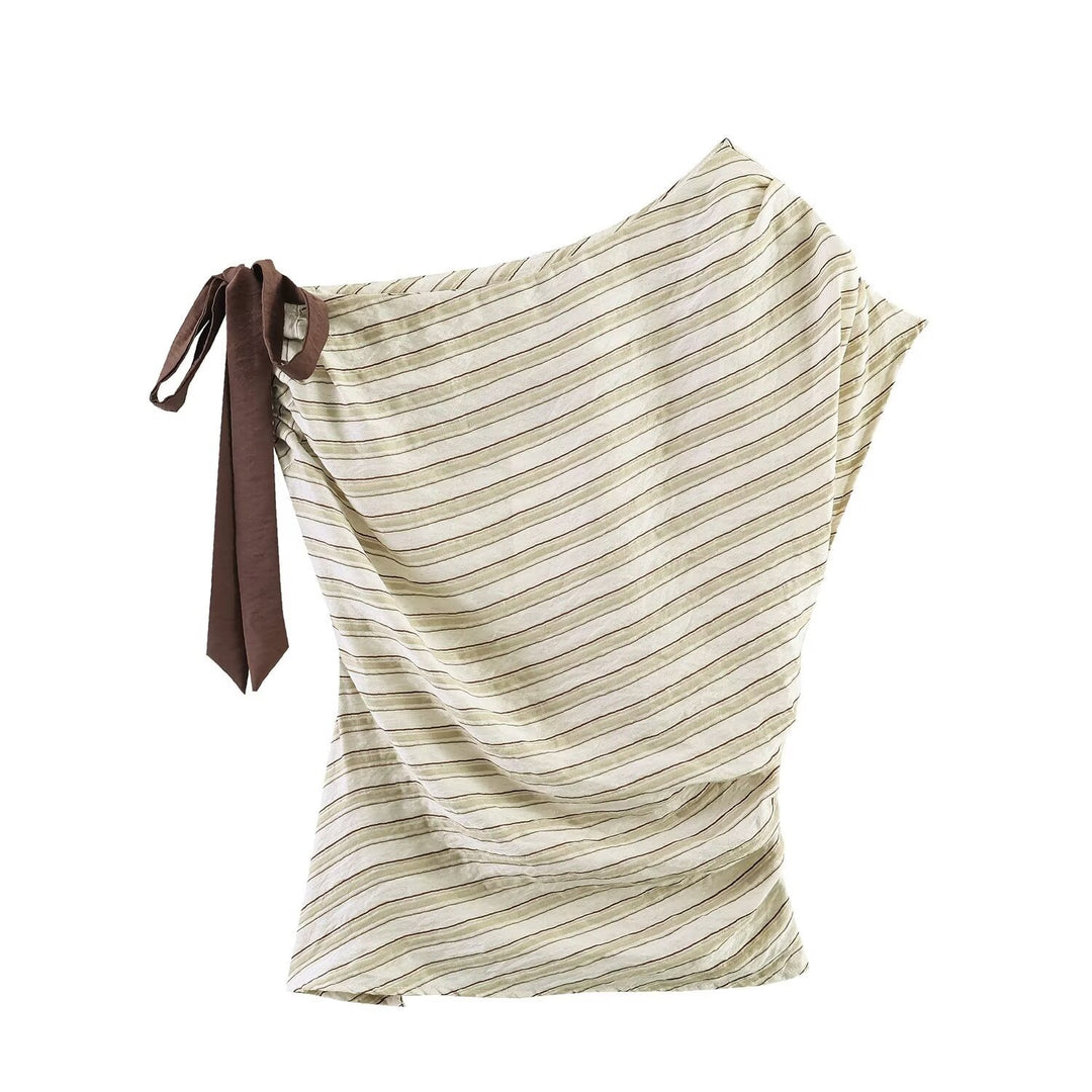 Damen asymmetrisches Oberteil mit eleganter Bindegurtdetail und feinen Streifen Drune