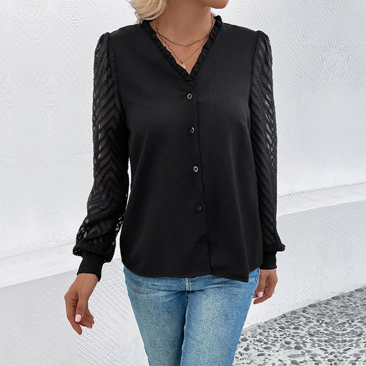 Damen elegante Bluse mit Rüschendetails und transparenter Spitze Drune