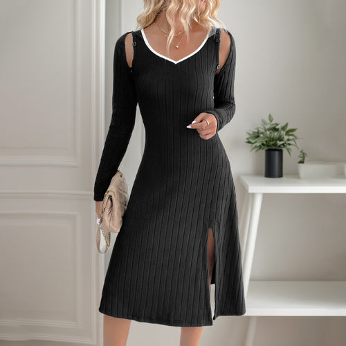 Damen ärmelloses Midi-Kleid mit feinen Rippstrukturen und elegantem Schlitz Drune