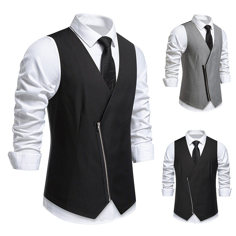Herren moderne Anzugweste mit asymmetrischem Reißverschluss und eleganter Passform Drune