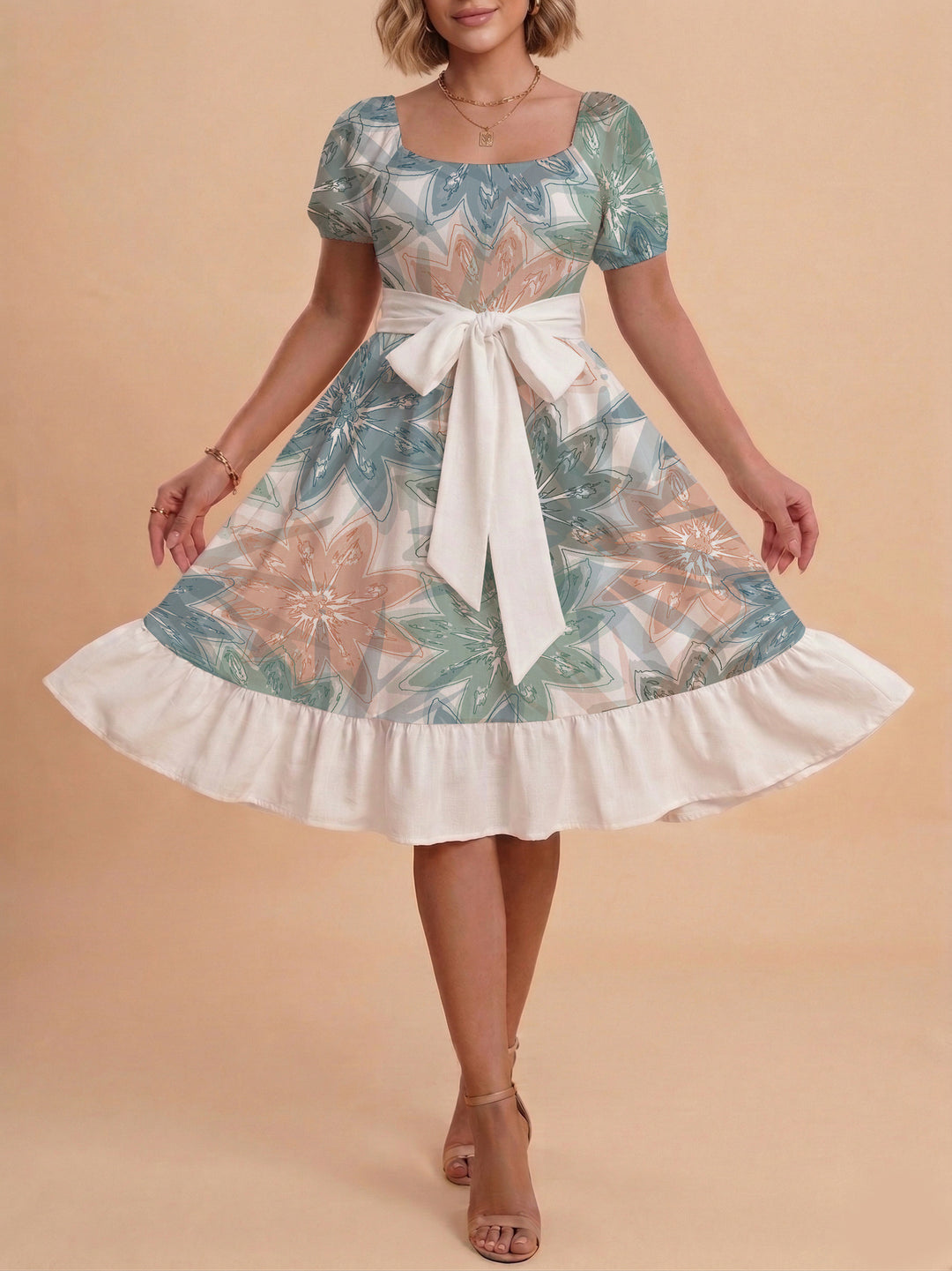 Damen elegantes Maxikleid mit floralem Design und Taillengürtel Drune