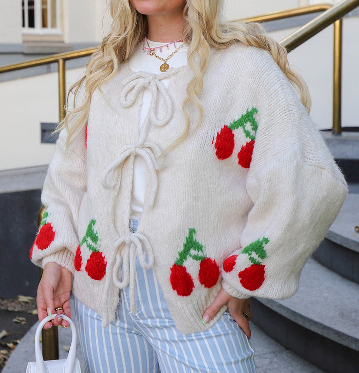 Damen lässige Strickjacke mit verspieltem Kirschmotiv und modernem Kordelzug Drune