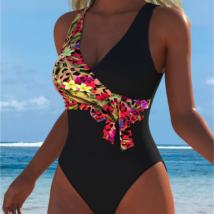 Damen einteiliger Badeanzug mit floralem Wickeldesign und modischem Schwarz Drune