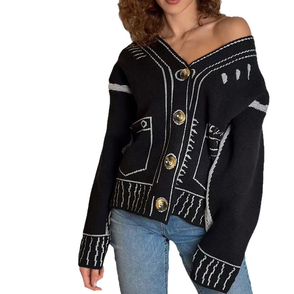 Damen lockerer Strickcardigan mit kunstvollem Design und großen Knöpfen Drune