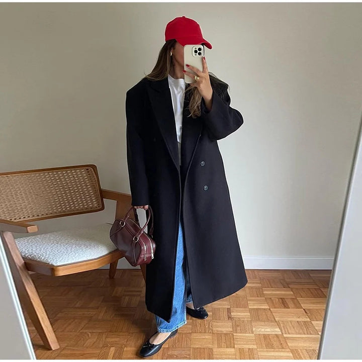 Damen Eleganter Doppelreiher-Wollmantel Drune