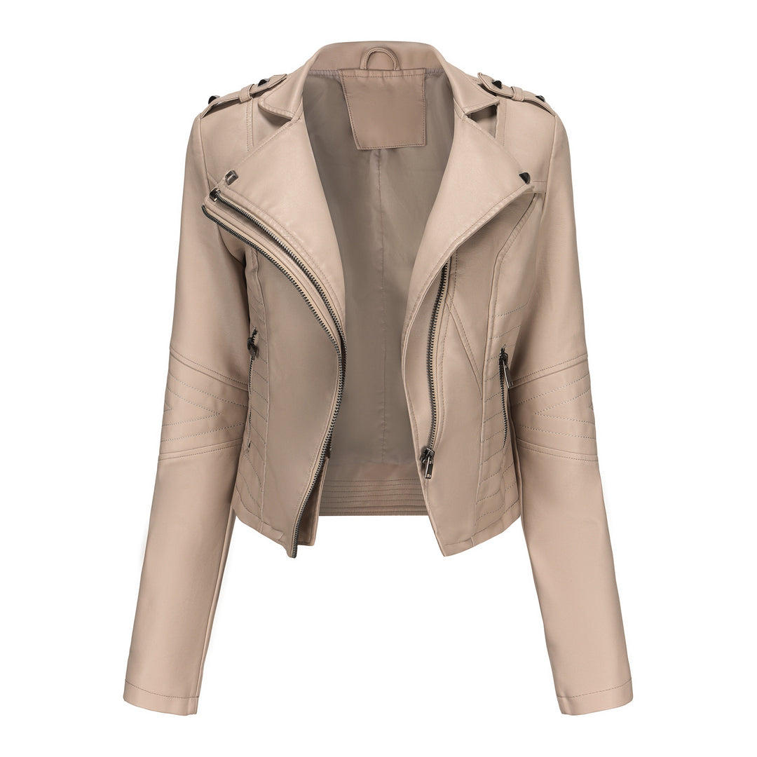 Damen stylische Bikerjacke mit asymmetrischem Reißverschluss und Detailnähten Drune