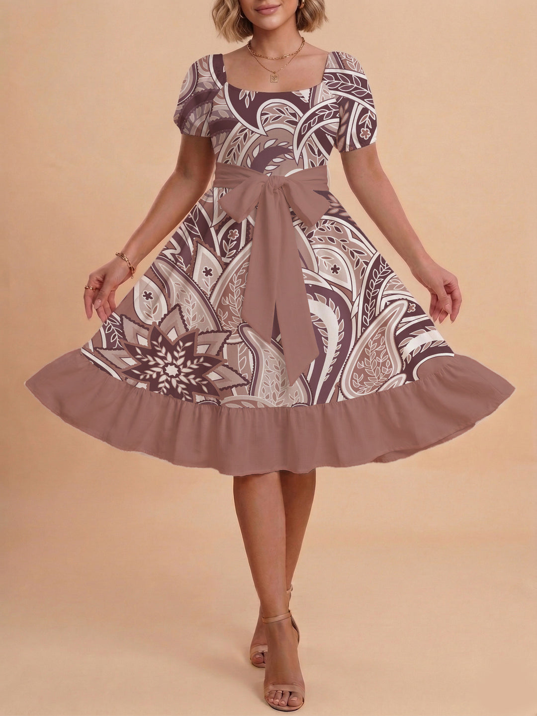 Damen modernes Blumenkleid mit elegantem Taillengürtel und asymmetrischem Saum Drune