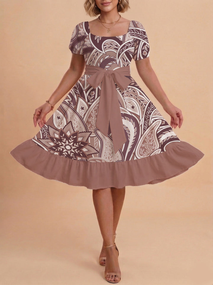 Damen modernes Blumenkleid mit elegantem Taillengürtel und asymmetrischem Saum Drune