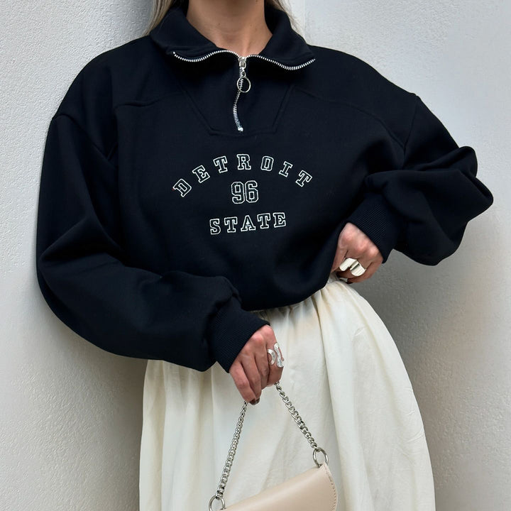 Damen Sweatshirt mit stylischem Stehkragen und Vintage-Print Drune