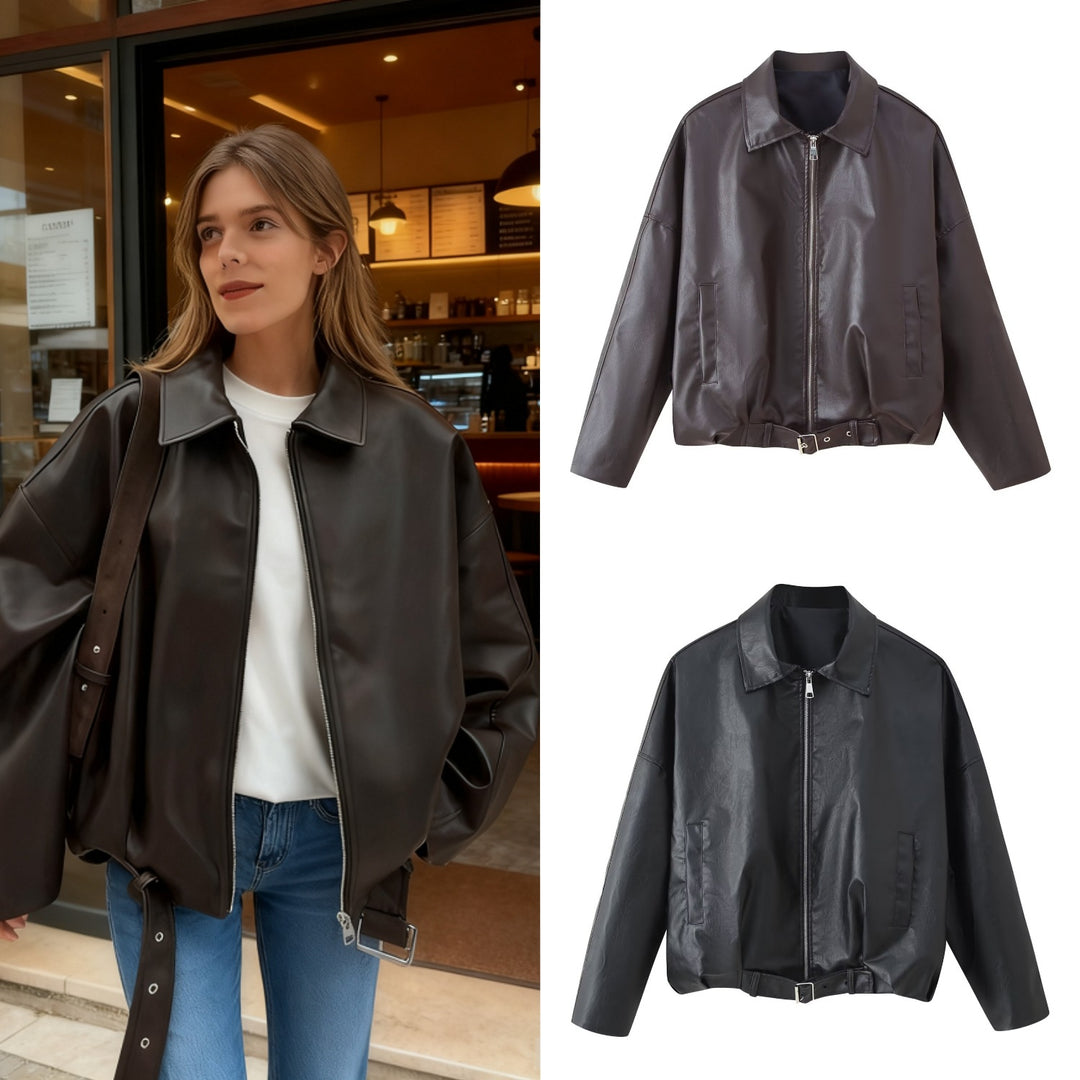 Damen Künstliche Lederjacke mit hohem Kragen und praktischen Taschen Drune