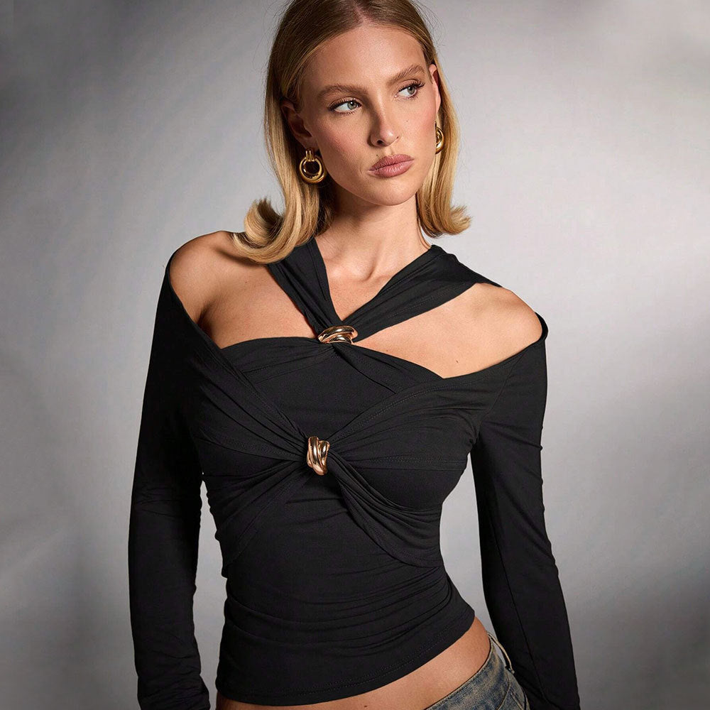 Damen figurbetontes Oberteil mit asymmetrischem Schnitt und Knoten-Detail Drune