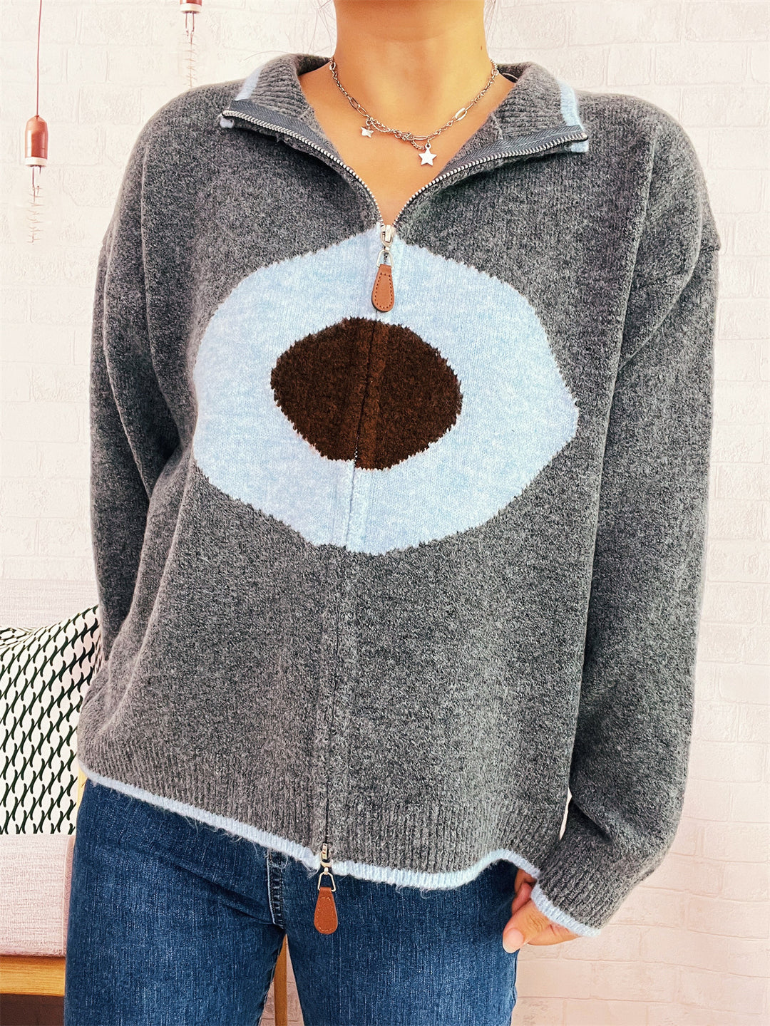 Damen kuscheliger Strickpullover mit Reißverschluss und einzigartigem Design Drune