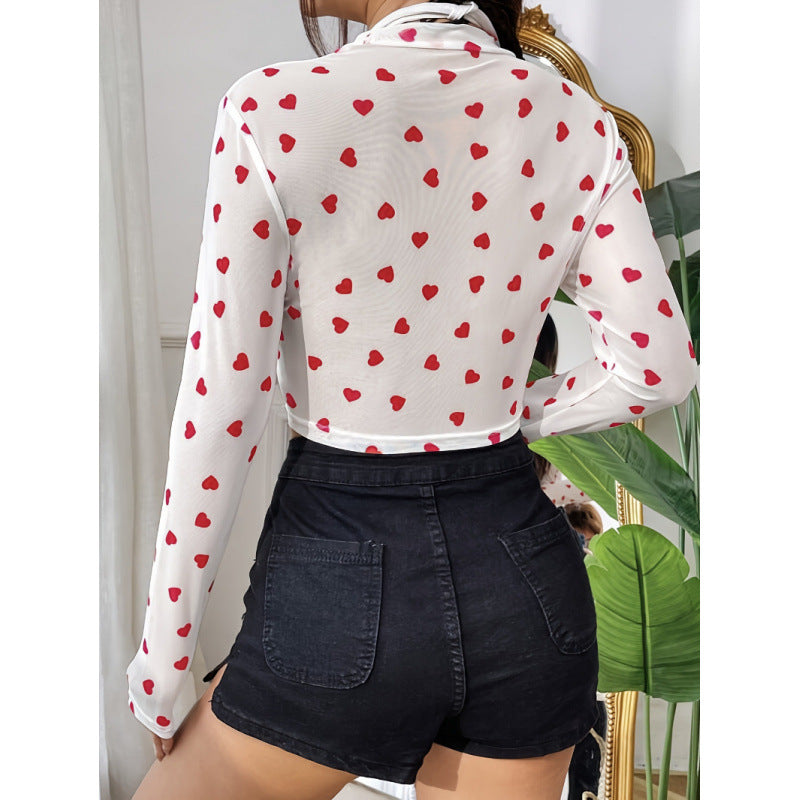 Damen Langärmliges Crop-Top mit Herzmuster und transparenter Anmutung Drune