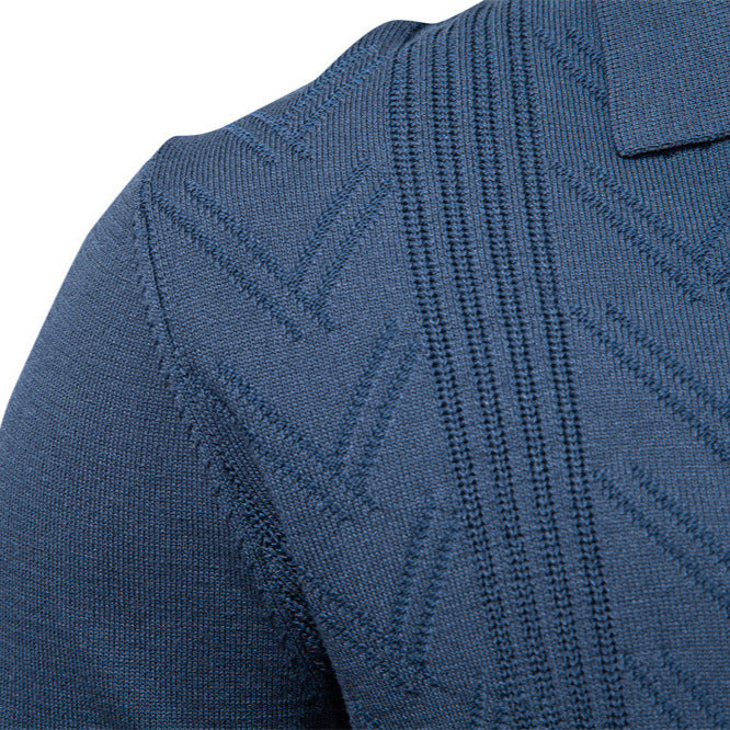 Herren nan feiner Strick-Polopullover mit V-Ausschnitt, Zickzackstruktur und Kentkragen Drune