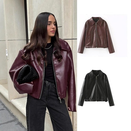 Damen elegante Kunstlederjacke im modernen Design mit praktischem Reißverschluss Drune