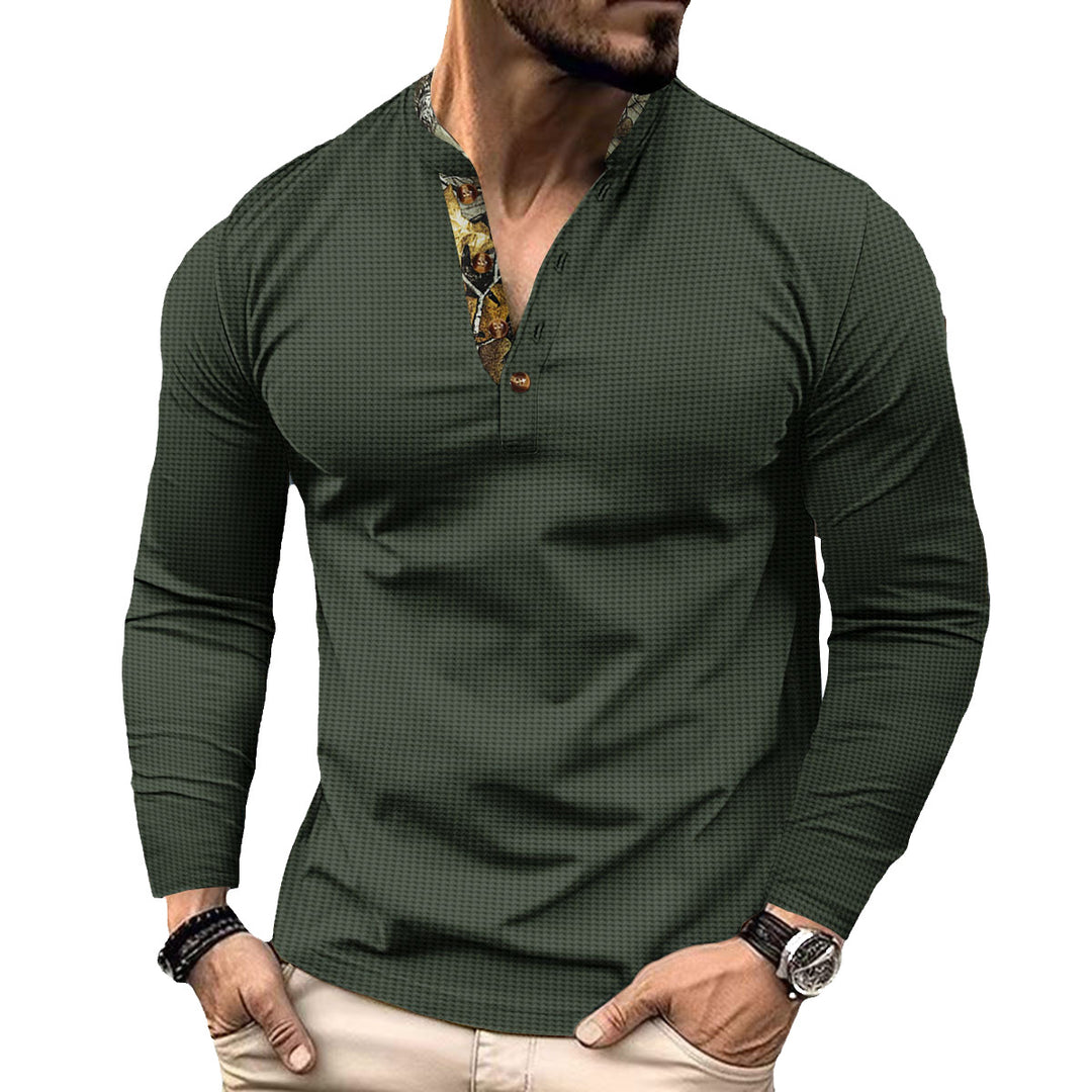 Herren nan langärmeliges Henley-Shirt mit Stehkragen und gemustertem Knopfleistenbesatz Drune