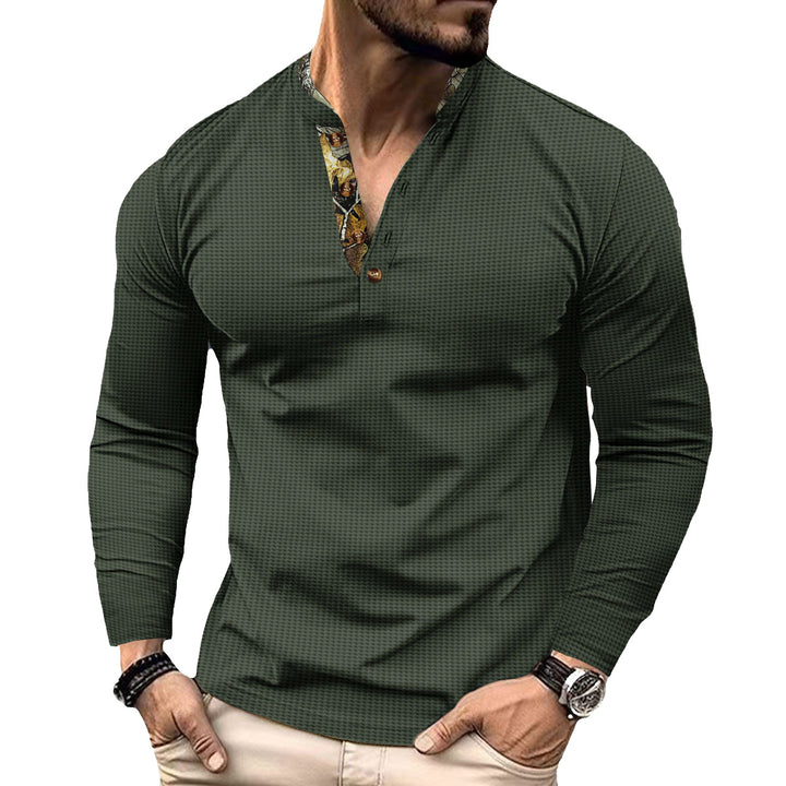 Herren nan langärmeliges Henley-Shirt mit Stehkragen und gemustertem Knopfleistenbesatz Drune