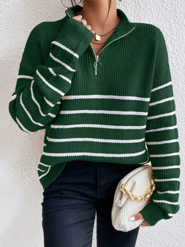Damen Grob gestrickter Pullover mit Reißverschluss und breitem Streifenmuster Drune