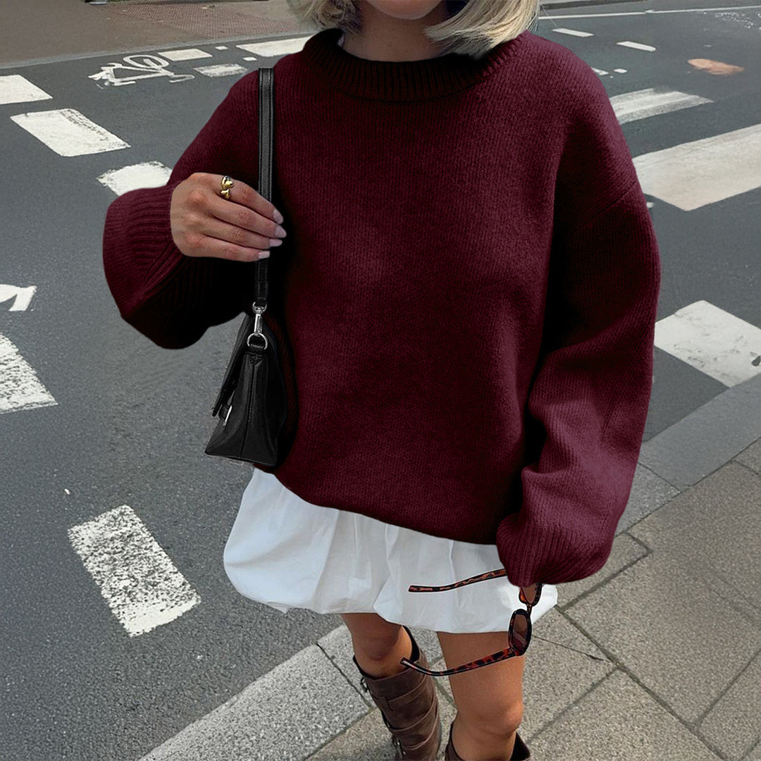 Damen nan Oversize-Feinstrickpullover mit Stehkragen, verlängerter Rückenpartie und Ballonärmeln Drune
