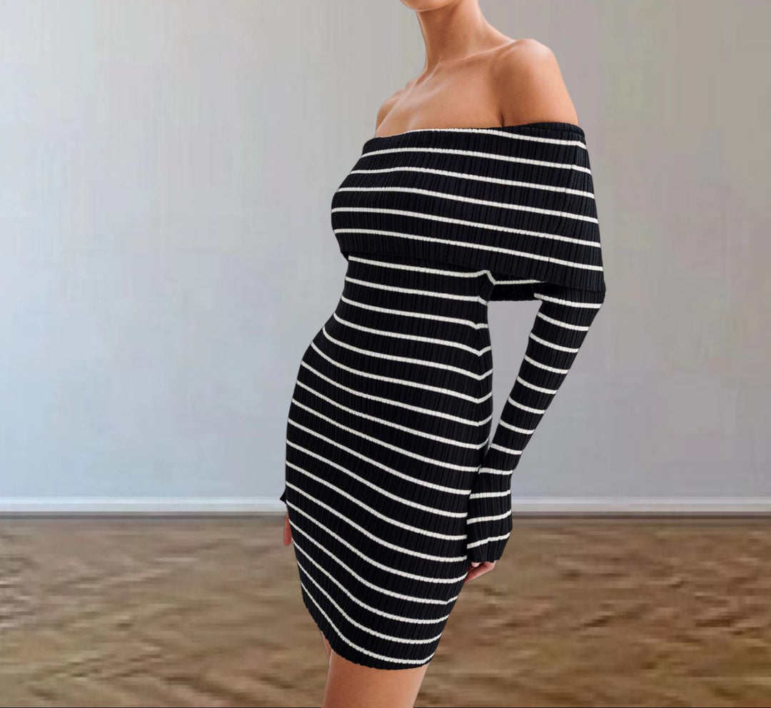 Damen Off-Shoulder Strickkleid mit langen Ärmeln und Streifenmuster Drune