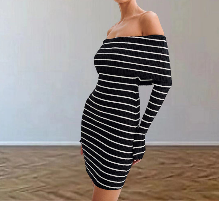 Damen Off-Shoulder Strickkleid mit langen Ärmeln und Streifenmuster Drune