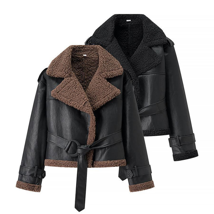 Damen Kunstlederjacke mit Teddy-Futter und taillierbarem Gürtel Drune