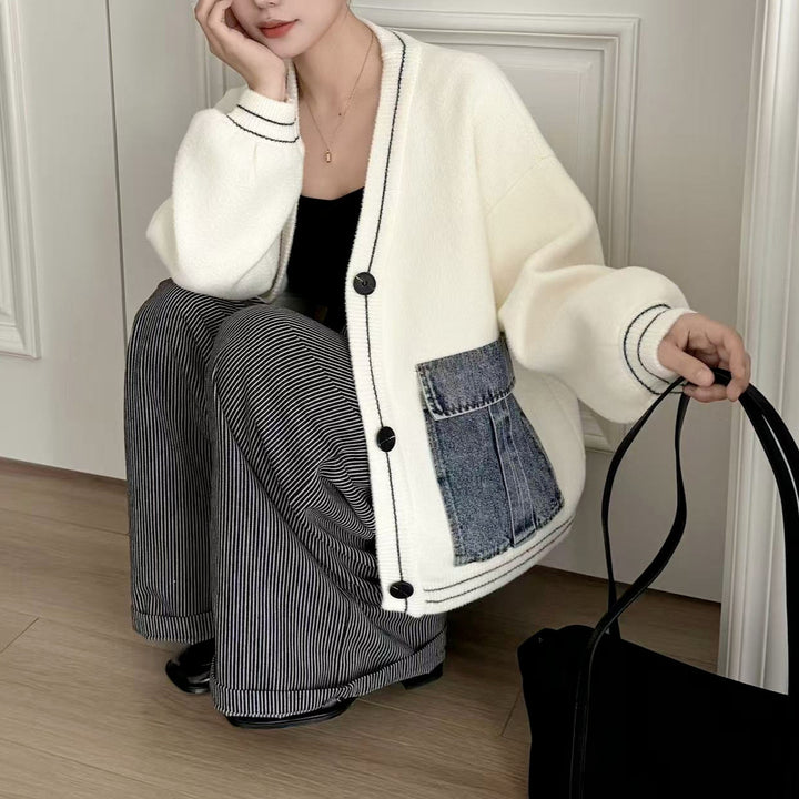 Damen modische Strickjacke mit Denim-Details Drune