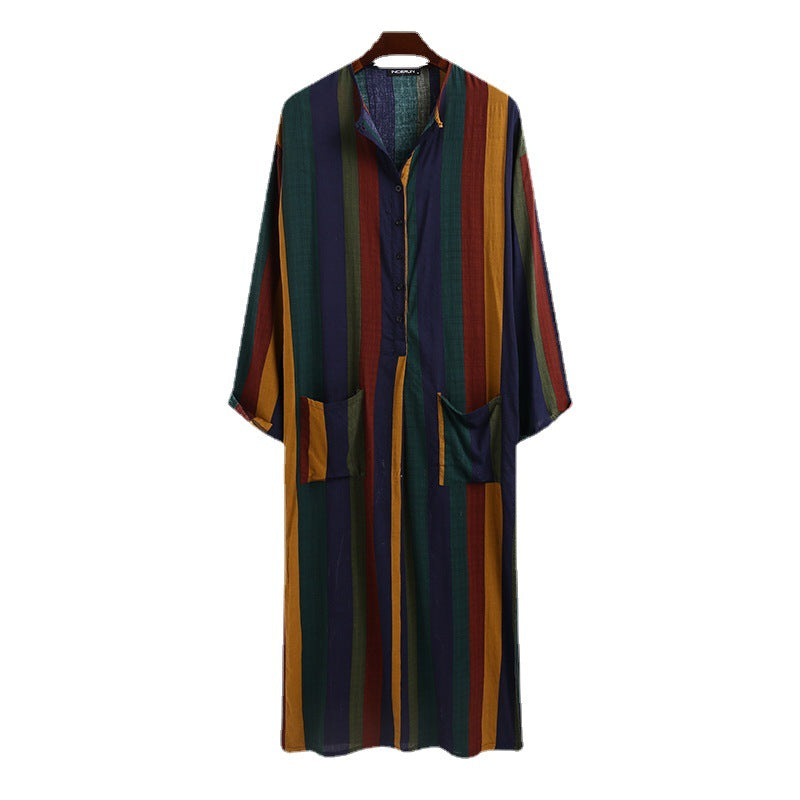 Damen nan lockeres Maxi-Leinenkleid mit durchgehender Knopfleiste Rundhalsausschnitt und aufgesetzten Taschen Drune