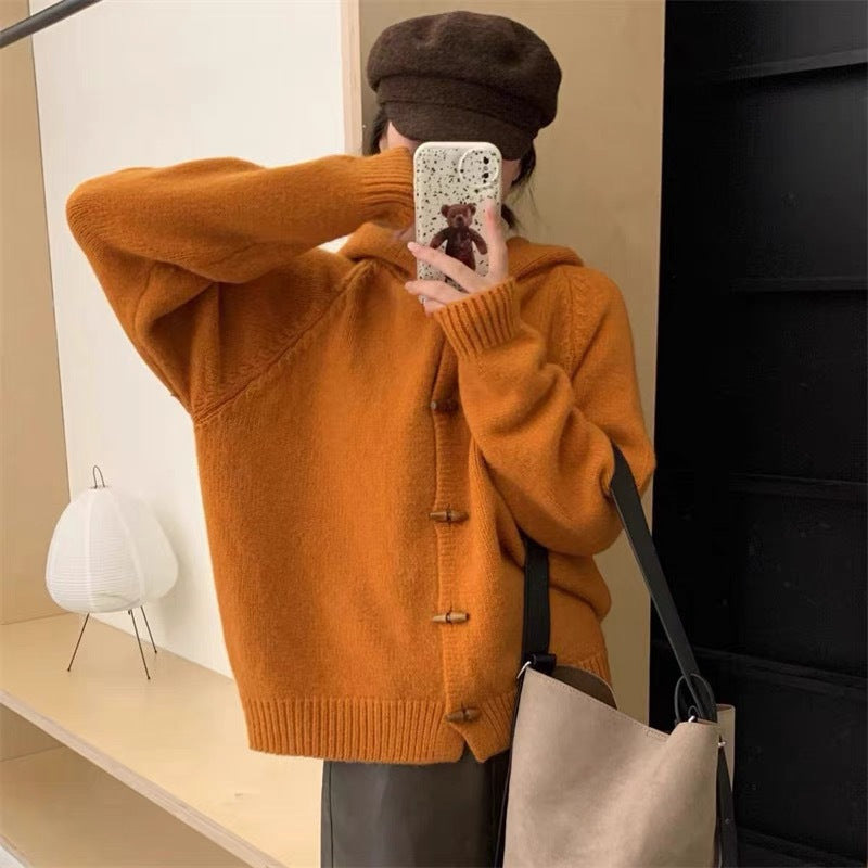 Damen lässiger Strickhoodie mit dekorativen Knöpfen Drune