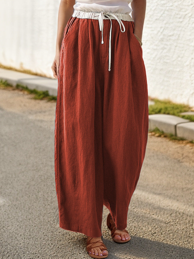 Damen Weite Leinenhose mit elastischem Bund und stylischem Kordelzug Drune