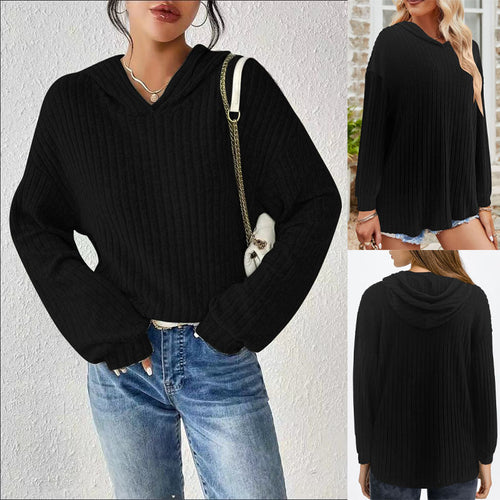 Damen lässiger Kapuzenpullover mit stilvollem Rippmuster und überschnittenen Ärmeln Drune