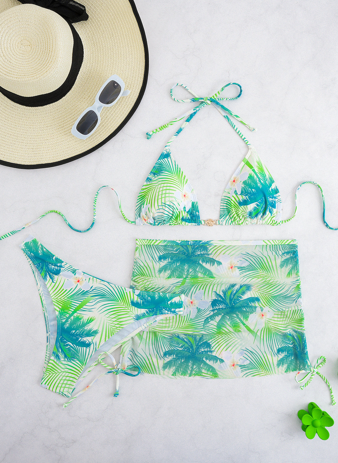 Damen Bikini-Set mit elegantem Wickelrock und tropischem Design Drune