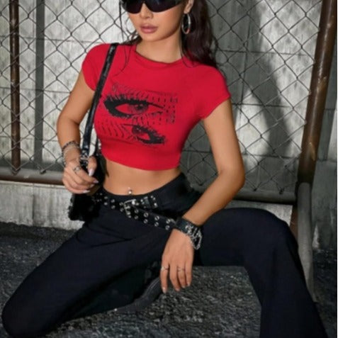 Damen Crop-Top mit kreativem Augenmotiv und figurbetonter Passform Drune