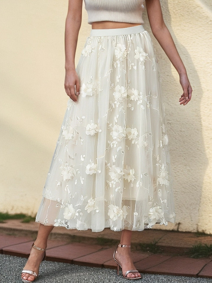 Damen Eleganter Tüllrock mit floralen Stickereien und elastischem Bund Drune