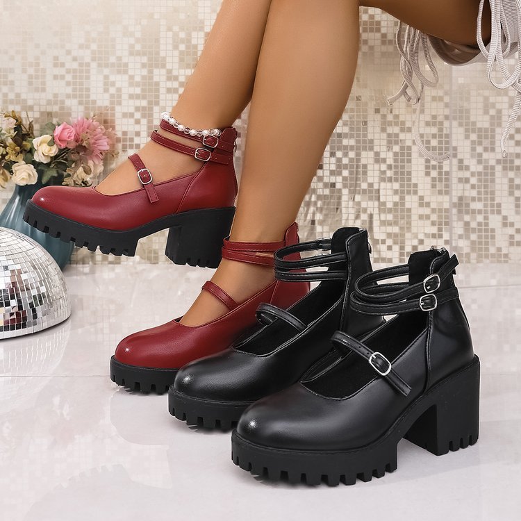 Damen Blockabsatz-Schnürschuhe mit modischem Riemendesign und rutschfester Sohle Drune