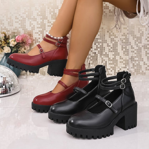 Damen Blockabsatz-Schnürschuhe mit modischem Riemendesign und rutschfester Sohle Drune