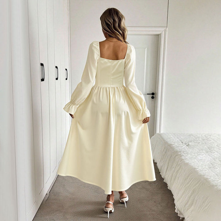 Damen elegantes Maxikleid mit raffiniertem Kordelzug und Puffärmeln Drune