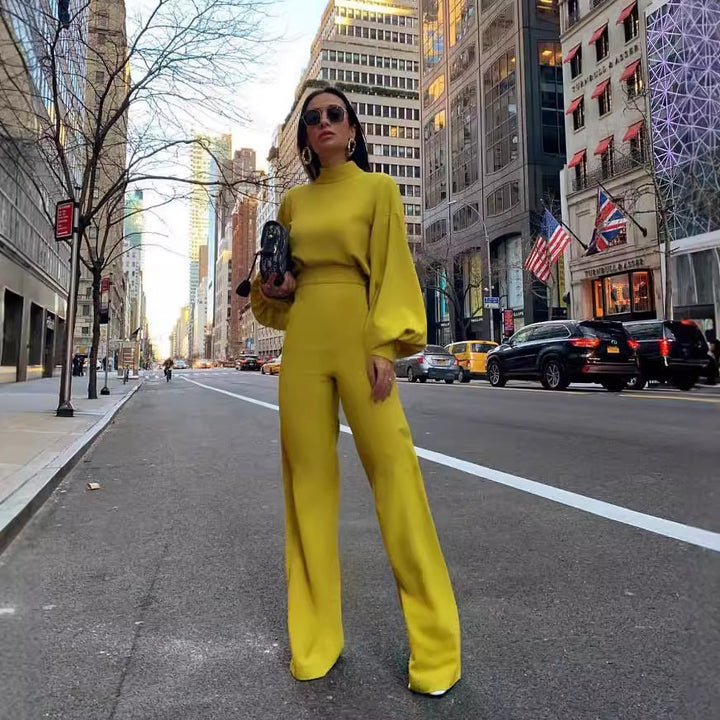 Damen Eleganter Jumpsuit mit weiten Ärmeln und hohem Kragen Drune