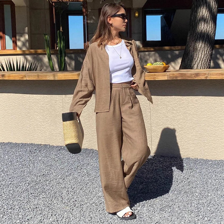 Damen nan entspanntes Leinen Lounge Set mit Oversize Hemd und Kordelbund Palazzohose Drune