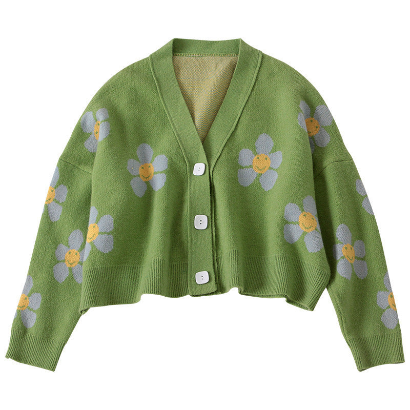 Damen kurz geschnittene Strickjacke mit floralen Mustern und durchgehenden Knöpfen Drune
