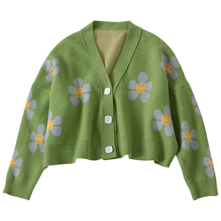 Damen kurz geschnittene Strickjacke mit floralen Mustern und durchgehenden Knöpfen Drune
